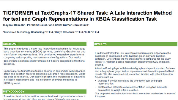 TIGFORMER at TextGraphs-17 Shared Task: A Late Interaction Method for text and Graph Representations in KBQA Classification Task