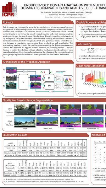 Unsupervised Domain Adaptation with Multiple Domain Discriminators and Adaptive Self-Training