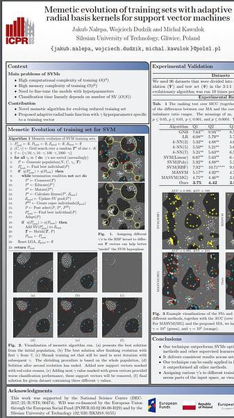 Memetic evolution of training sets with adaptive radial basis kernels for support vector machines