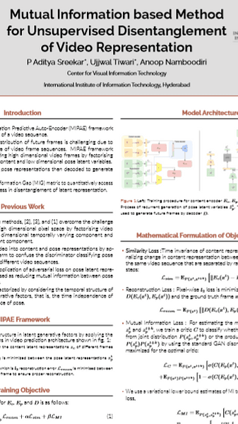 Mutual Information based Method for Unsupervised Disentanglement of Video Representation