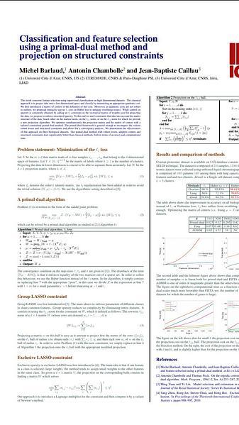 Classification and feature selection using a primal-dual method and projection on structured constraints