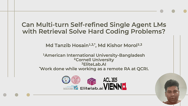 Can Multi-turn Self-judge Single Agent LMs with Retrieval Solve ICPC Problems?