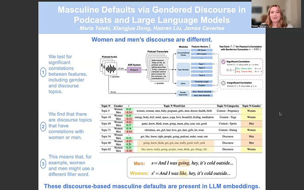 Masculine Defaults via Gendered Discourse in Podcasts and Large Language Models