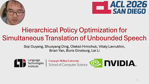 Hierarchical Policy Optimization for Simultaneous Translation of Unbounded Speech