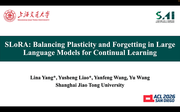 SLoRA: Balancing Plasticity and Forgetting in Large Language Models for Continual Learning