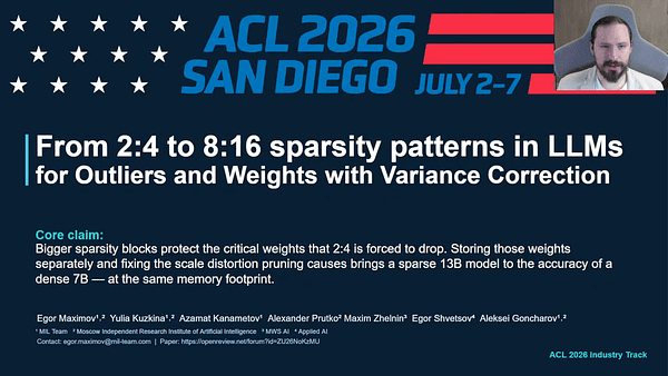 From 2:4 to 8:16 sparcity patterns in LLMs for Outliers and Weights with Variance Correction