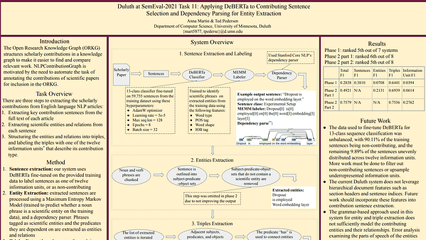 Duluth at SemEval-2021 Task 11: Applying DeBERTa to Contributing Sentence Selection and Dependency Parsing for Entity Extraction