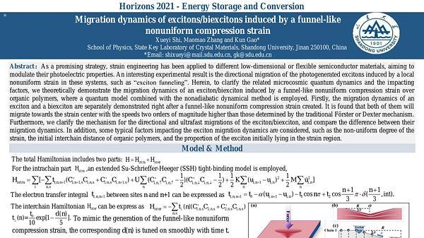 Migration dynamics of excitons/biexcitons induced by a funnel-like nonuniform compression strain over organic polymers