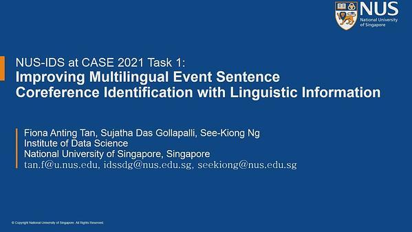 NUS-IDS at CASE 2021 Task 1: Improving Multilingual Event Sentence Coreference Identification with Linguistic Information