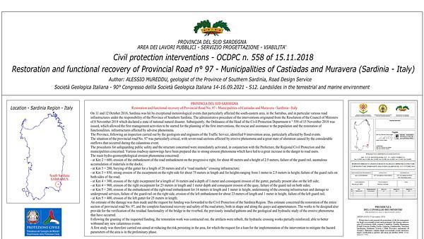 Civil protection interventions - OCDPC n. 558 of 15.11.2018 - Restoration and functional recovery of Provincial Road No. 97 - Municipalities of Castiadas and Muravera