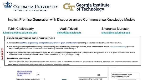 Implicit Premise Generation with Discourse-aware Commonsense Knowledge Models