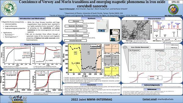 Coexistence of Verwey and Morin transitions and emerging magnetic phenomena in iron oxide core/shell nanorods