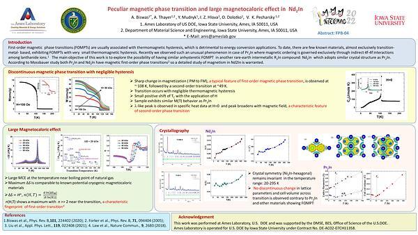 Peculiar magnetic phase transition and large magnetocaloric effect in Nd2In