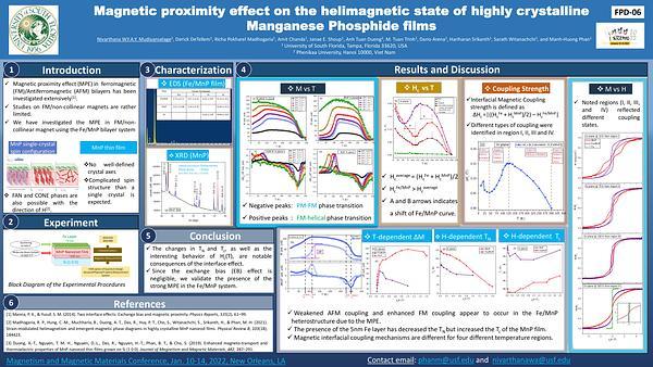 Magnetic proximity effect on the helimagnetic state of highly crystalline manganese phosphide films