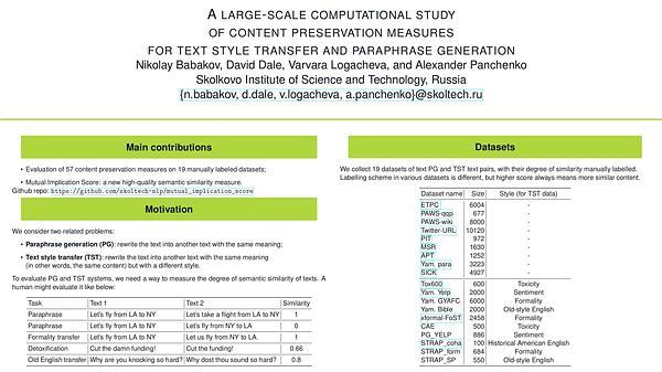  A large-scale computational study of content preservation measures for text style transfer and paraphrase generation