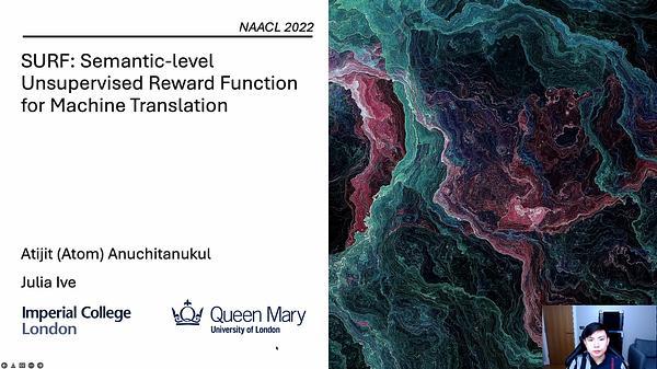 SURF: Semantic-level Unsupervised Reward Function for Machine Translation