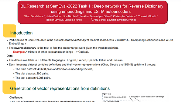 BL.Research at SemEval-2022 Task 1: Deep networks for Reverse Dictionary using embeddings and LSTM autoencoders