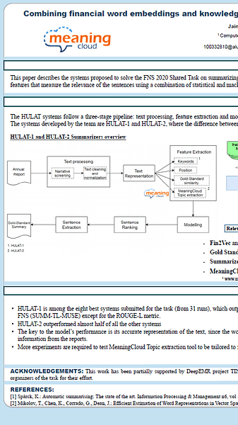 Combining financial word embeddings and knowledge-based features for financial text summarization: UC3M-MC System at FNS-2020