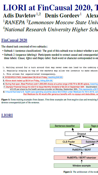 LIORI at FinCausal 2020, Tasks 1 & 2