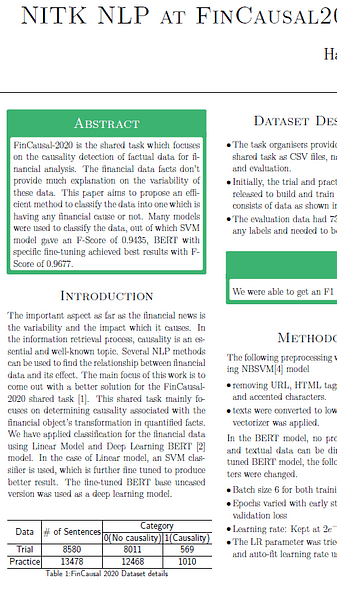 NITK NLP at FinCausal2020 Task 1 using BERT and Linear models