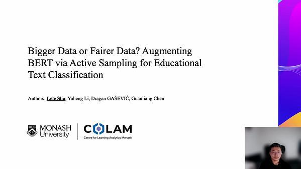 Bigger Data or Fairer Data? Augmenting BERT via Active Sampling for Educational Text Classification