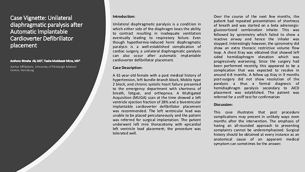 Unilateral diaphragmatic paralysis after Automatic Implantable Cardioverter Defibrillator placement