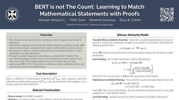 BERT Is Not The Count: Learning to Match Mathematical Statements with Proofs